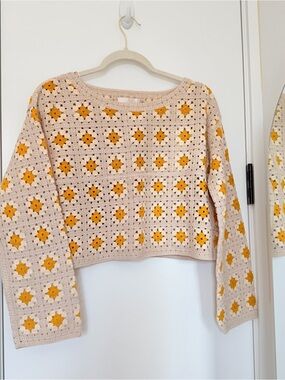 Boho Crochet Sweater with Yellow Daisy Motif